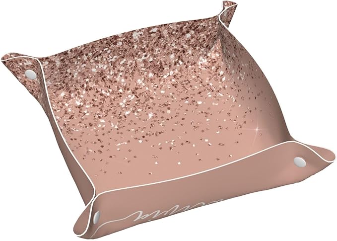Blush Pink Rose Gold Glitter Leather Vanity Tray Desktop Storage Organizer, Decorative Catchall Perfume Tray, Bathroom Valet Tray,Nightstand Caddy Holder for Keys Phone Wallet Coin Jewelry, S