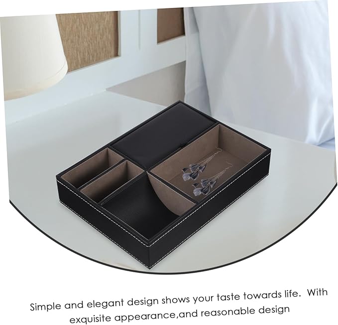 Beaupretty Faux Leather Nightstand Organizer Tray for Jewelry and Watches Multi Compartment Storage Box for Rings Necklaces Phone Wallet Bedside Dresser Black Bedside Table Organizer for Men