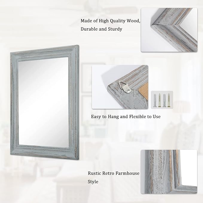 Wooden Mirror Rectangle Rustic Hanging Mirror Farmhouse Modern Bathroom Bedroom Wall Mirror Decor Grey Retro Grey 16inchx12inch