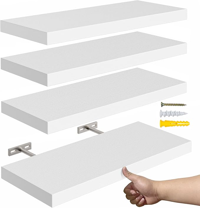 16’’White Floating Shelves for Wall Set of 4,Rustic Wood Shelf for Room Decor/Storage/Display,Small Bookshelf,Wall Mounted Hanging Shelves for Bedroom, Bathroom, Living Room, Kitchen