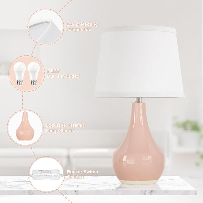 Seealle Modern Pink Table Lamps Set of 2 - Bedroom Lamps for Nightstand,19.4" Bedside Pink Lamp for Girls Room Living Room with Rocker Swtich