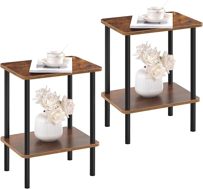 Apicizon 2 Tier End Table Set of 2, Small Side Table with Solid Wood Legs, Boho Bedside Table with Storage Shelf, Nightstand for Small Spaces, Bedroom, Living Room, Entryway, Easy Assembly, Brown