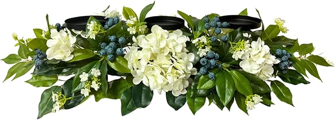 Svndlyn All Season Candle Holder Centerpiece for Table with Artificial Blueberry,White Hydrangea and Eucalyptus Leaf for Table Centerpiece Decor,Dining Room,Party Home Decor