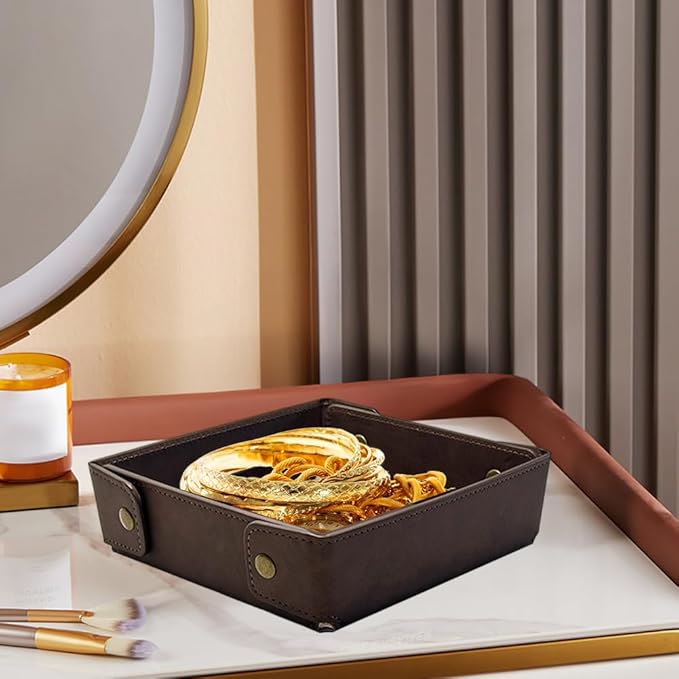 PU Leather Valet Tray Foldable Leather Jewelry Storage Case Catchall Travel Dish Plate Dark Brown Necklace Pendant Organizer Holder Container for Men Women Desk Bedside Drawers