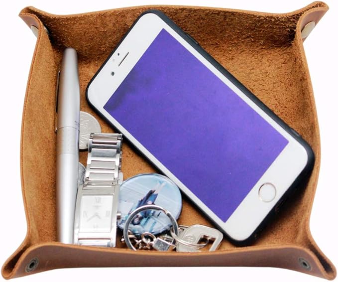 boshiho Valet Tray for Men, Leather Jewelry Catchall Key Phone Coin Box Change Caddy Bedside Storage Box (Crazy Horse Leather - Light Brown)