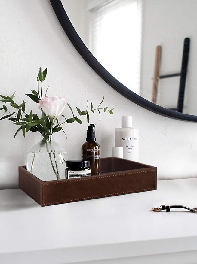 HofferRuffer Decorative Vanity Tray, Desktop Storage Organizer, Catchall Tray, Valet Tray, Nightstand or Dresser Organizer, PU Faux Leather Bathroom Tray, Brown, 10.2 x 8.4 x 1.8 inches