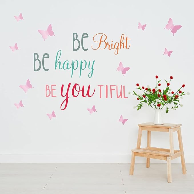 Chinco 20 Sheets Inspirational Quotes Wall Decals Stickers for Girls,12 Sheets Pink Pastel 3D Butterfly,Smart Strong Fearless,Be Bright Happy,Be You Tiful Sayings Art Stickers for Bedroom Living Room