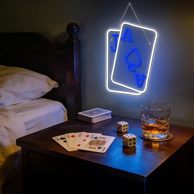 Gamerneon Playing Cards Neon Signs for Wall Decor Poker Teens Led Neon Light Blue White Usb Light Sign for Bedroom Casino Bar Hotel Play Room Birthday Party Decor