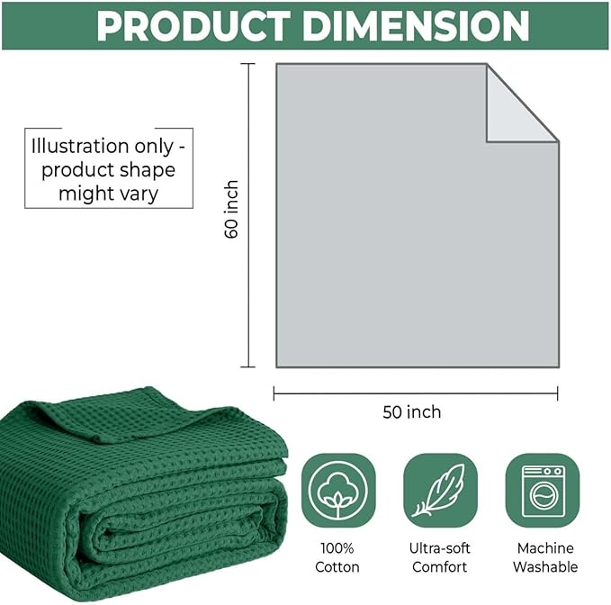 100% Cotton Blankets for Bed - Waffle Weave Blankets for Summer, Lightweight and Breathable Soft Woven Blanket for Spring (Dark Green, Throw (50" x 60"))