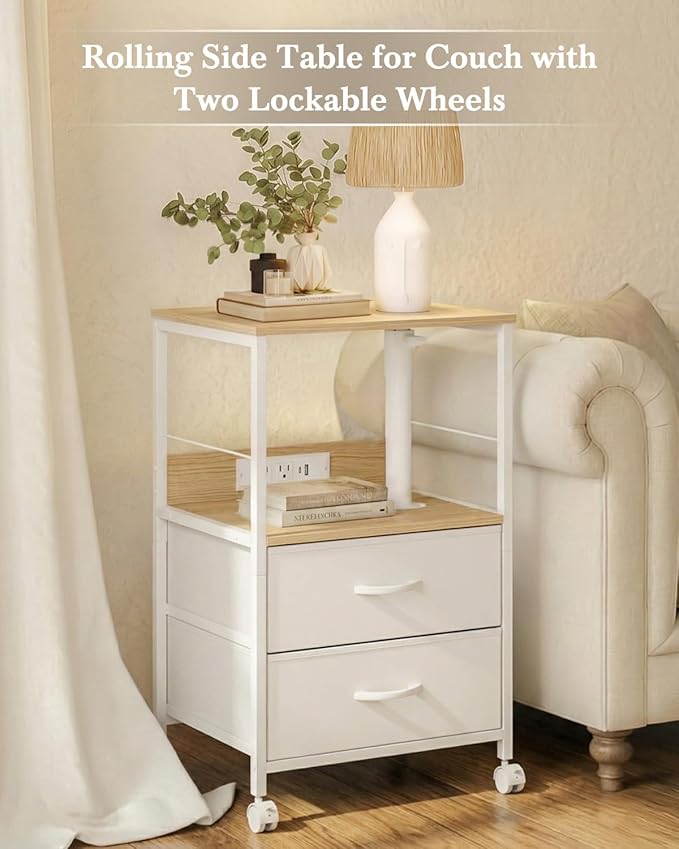 360° Swivel Nightstand with Height Adjustable, Lift Top Bedside Table with Charging Station, Rolling Night Stand with 2 Fabric Drawers, End Table with Wheels, for Bedroom, Living Room, Natural White