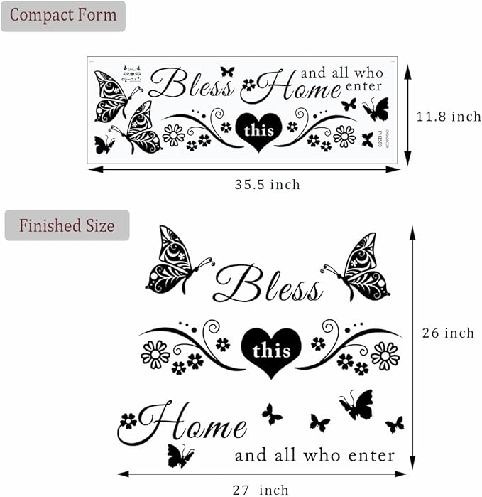 Vinyl Wall Stickers Quotes Art Decal Sticker Bless This Home and All Who Enter Wall Decals Flowers Butterfly Wall Decor Sticker for Entryway Living Room Home Decor