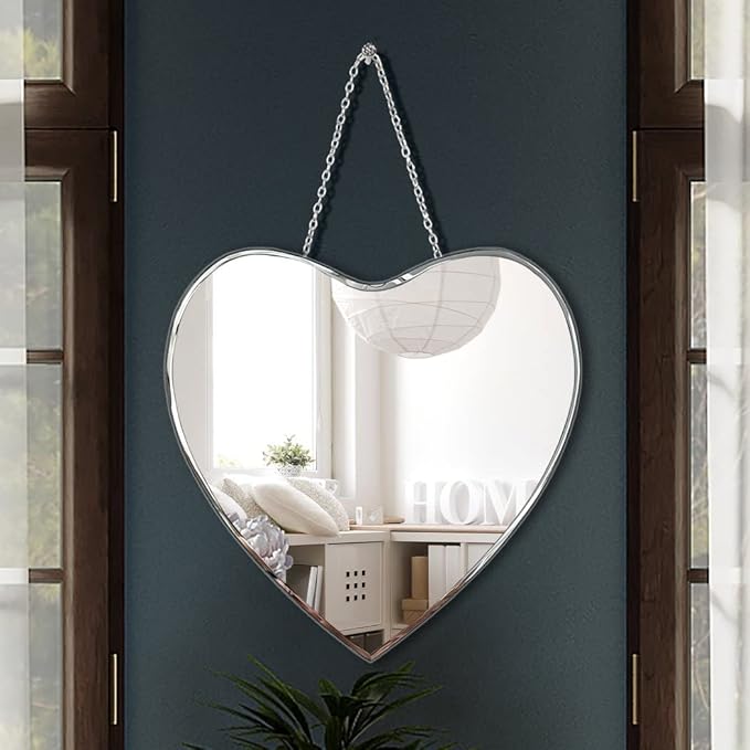 Heart Shaped Mirror with Iron Chain for Wall Decor 12x12 Inch - Wall Hang Real Glass Frameless Decorative Glam Mirror