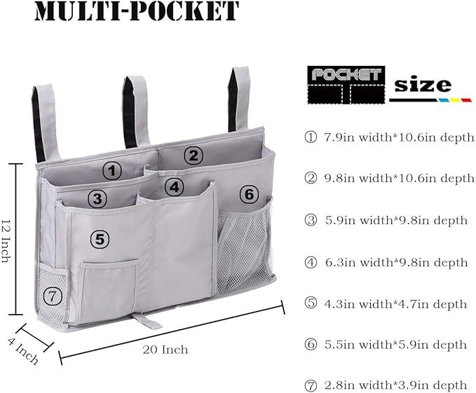 Bedside Caddy, Hanging Under Bed Storage Organizer Bag with 8 Pockets for College Dorm Rooms, Hospital Bed Rails, Camp