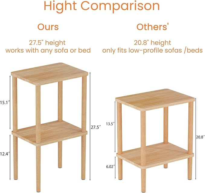Solid Wood Side Table, 2-Tier Tall End Table with Storage Shelf, Small Nightstand Bedside Table for Bedroom, Living Room, Kids Room & Small Spaces, No-Tool Assembly,(Natural)
