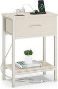 Vagusicc Nightstand with Charging Station, End Table with Fabric Drawer, Small Side Table with 2-Tier Storage Shelves, 25.4" Tall Night Stand, Bedside Table for Bedroom, Living Room, Dorm, Beige