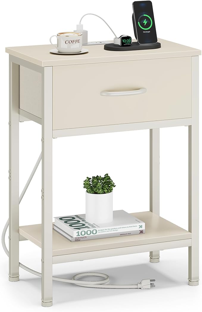 Vagusicc Nightstand with Charging Station, End Table with Fabric Drawer, Small Side Table with 2-Tier Storage Shelves, 25.4" Tall Night Stand, Bedside Table for Bedroom, Living Room, Dorm, Beige
