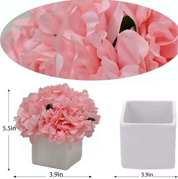 LADADA Faux Flowers with vase ，Fake Peony Bouquet in Square White Ceramic Vase, Flowers for Table Decoration Farmhouse Floral Arrangement (Pink)