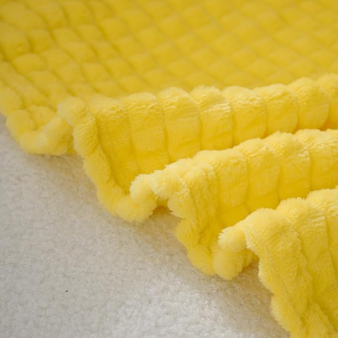 Puncuntex Yellow Throw Blanket 50"×60",Super Soft Flannel Fleece Plush Cozy Blanket with 3D Jacquard Square Grid Design Luxury for Couch Sofa Chair
