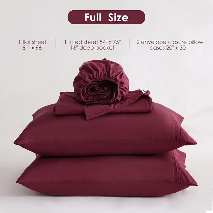 JSD Burgundy Full Sheet Set with Side Pocket Corner Straps, 4 Piece Soft Microfiber Bed Sheets Extra Deep Pocket