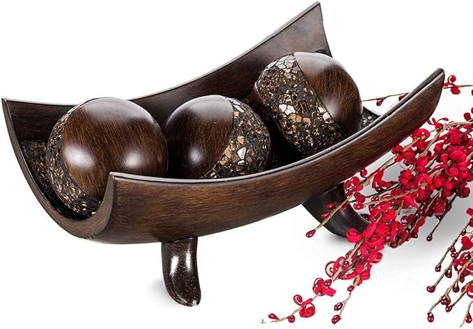 Creative Scents Schonwerk Brown Centerpiece Bowl with 3 Matching Orbs - Coffee Table Decor with Resin Sphere Balls for Living Room Dining Room Table - Decorations for Home Decor - Mantle House Decor