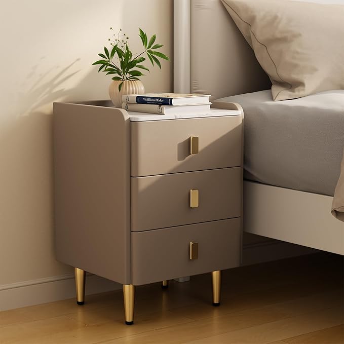 AQIMUELE Narrow Nightstand with Drawers, Narrow Side Table Leather, Small Bedside Tables for Bedroom. (Beige)
