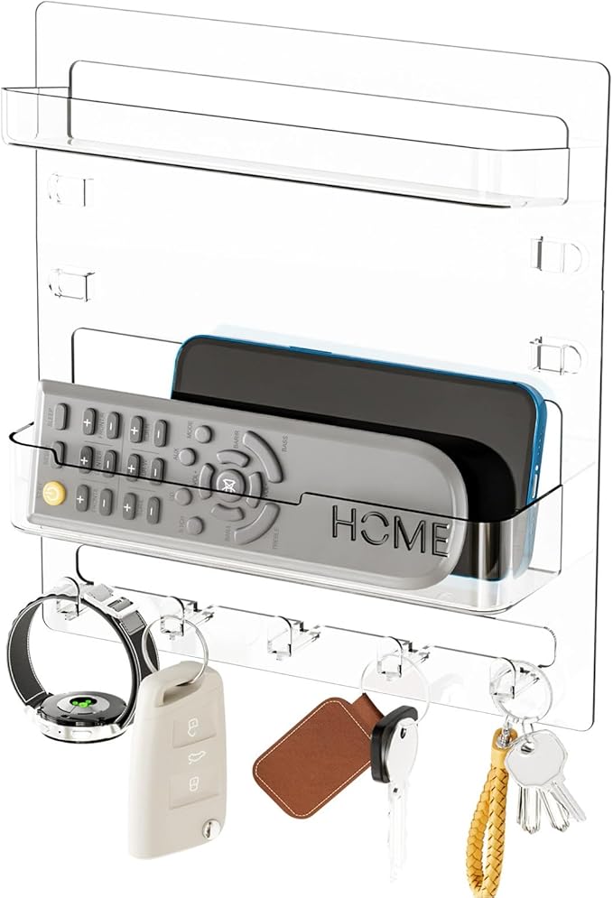 Ejoyous Bedside Shelf Wall Mount, Adhesive Phone Holder Organizer with Hooks and Cable Clips On Dorm Room, Wall Storage for Glasses Remote Earphone Cell Phone Charger Keys Snacks (Transparent)