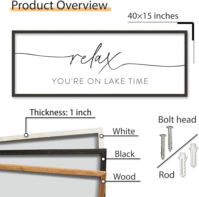 SRSZHIYUE Relax You're On Lake Time Wall Decor Above Bed Sign 40"×15" for Lake House Bedroom Over Bed Large Vintage Wood Framed Farmhouse Gift For Lake Lover Home Hanging Art (Black)