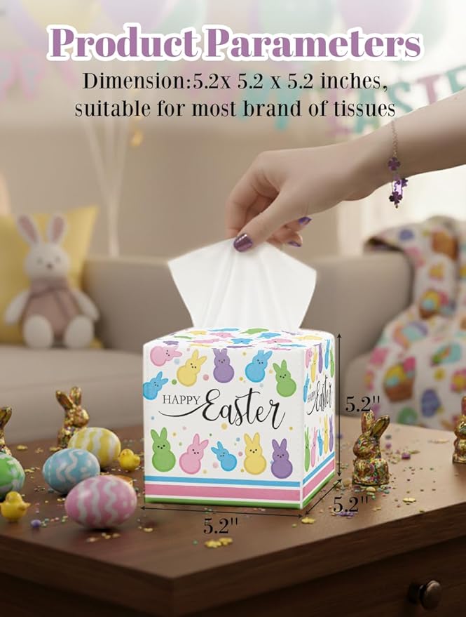 Easter Day Napkin Tissue Box Cover, Colorful Bunny Waterproof Leather Paper Organizer Dispenser for Table Dining, Bathroom, Nightstand Vanity, Car, Housewarming Gift Ideas, N