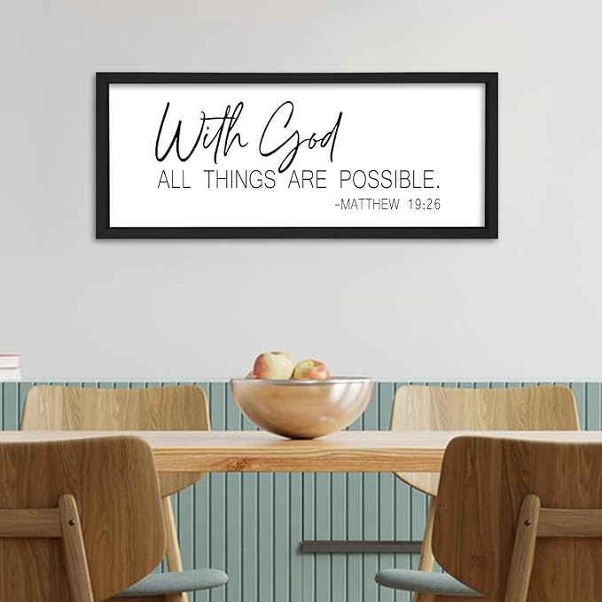 flowtorely With God All Things Are Possible Wall Decor Scripture 24"×10" Matthew 19:26 Bible Verse sign Christian Large Wood Framed Wall Hanging (Black)