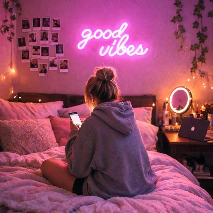 DECANIT Good Vibes Neon Sign Pink, Aesthetic LED Light for Wall Decor, Bedroom, College Dorm, Studio, USB Powered 3D Night Lamp for Birthday Gift, Party Background, 16.1x8.3 Inch