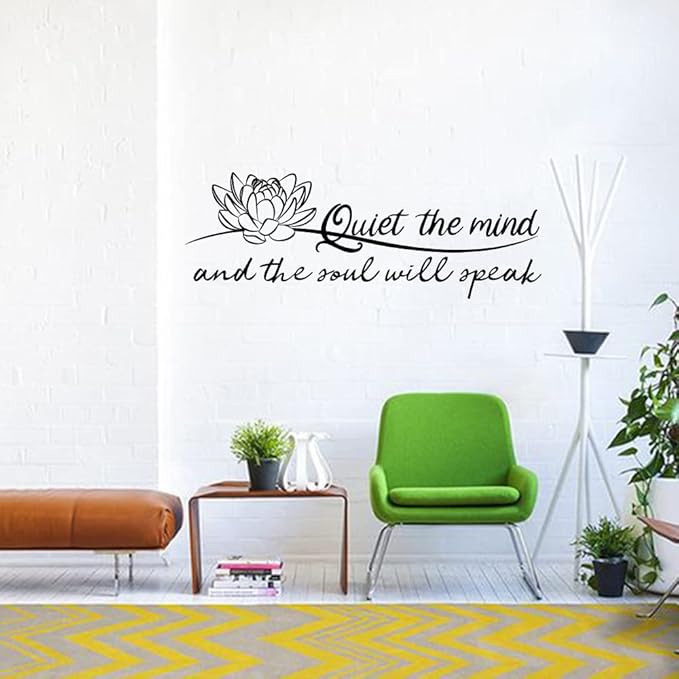Quiet The Mind and The Soul Will Speak Lotus - Pure Black Vinyl Wall Decal Without Transparent Edge Art Letters Meditation Quotes Decoration Yoga Pilates Sayings