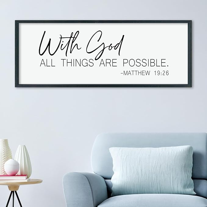 LuZhiQiang Christian With God All Things Are Possible Wall Decor 40"×15" Religious Home Bible Verse Sign Inspirational Print for Living Room Large Wood Framed Catholic Wall Art Hanging (Black)