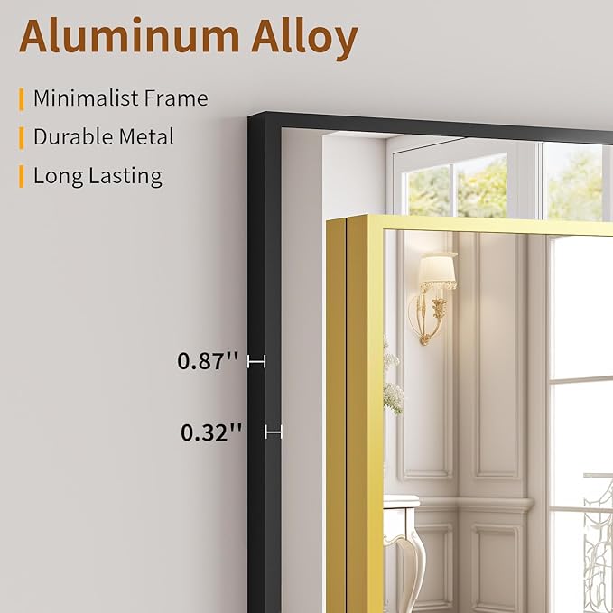 VooBang Mirror Full Length, 21" x 64" Floor Mirror with Stand, Aluminum Alloy Frame Full Body Mirror, Standing Hanging or Leaning Against Wall for Bedroom and Living Room, Gold
