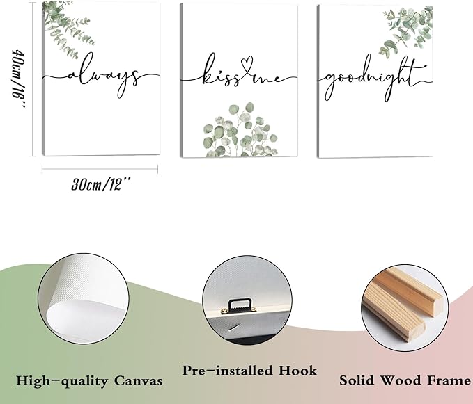 1 KINGO Always Kiss Me Goodnight Bedroom Wall Art: Set of 3 Boho Botanical Wall Decor Canvas Prints 12"x16", Sage Green Eucalyptus Pictures Decor Over The Bed for Farmhouse Master Bedroom