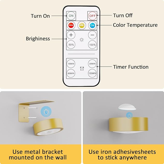 6 Pack Picture Lights for Wall, Rechargeable Battery Operated Wall Lights, Picture Frame Lights with 3 Lighting Modes, Wireless Magnetic Painting Light with Remote Control Timer, (Golden)