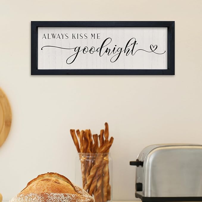 comurdyo Love Theme Always Kiss Me Goodnight Sign 16"×6" Romantic Couple Small Wood Frame for Framed Modern Farmhouse Master Bedroom Above bed Plaque Horizontal Wall Art Decor (Black)