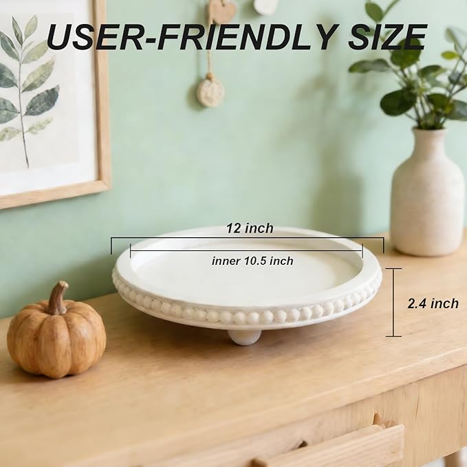 Decorative Tray for Coffee Table, Round Wooden Tray for Decor -White Beaded Distressed Rustic Farmhouse- Table Centerpieces for Dining Room Entryway Kitchen Counter Living Room