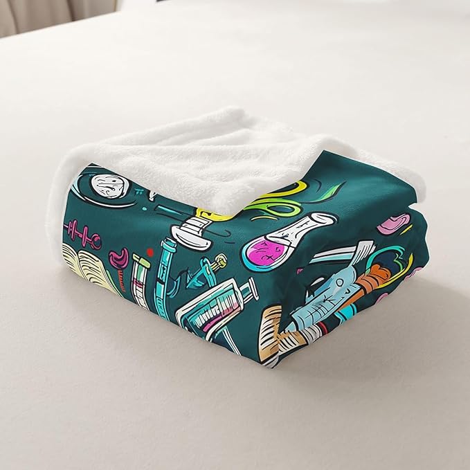 Laboratory Sherpa Blanket Chemistry Lab Fleece for Kids Teen Boys Young Man - Test Tube Microscope Graffiti Throw Hippie Doodle Science Theme Fuzzy Queen 90"x90" Blue Green