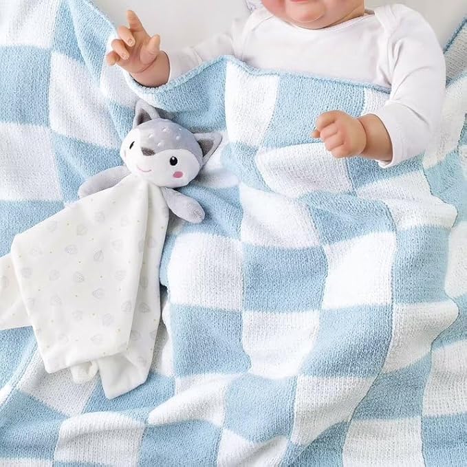CREVENT 2Pcs 30''X40'' Cute Cozy Fluffy Warm Baby Blankets for Infants Toddlers' Bedding Crib Cot Stroller - Grey Cloud + Knit Checked Blue