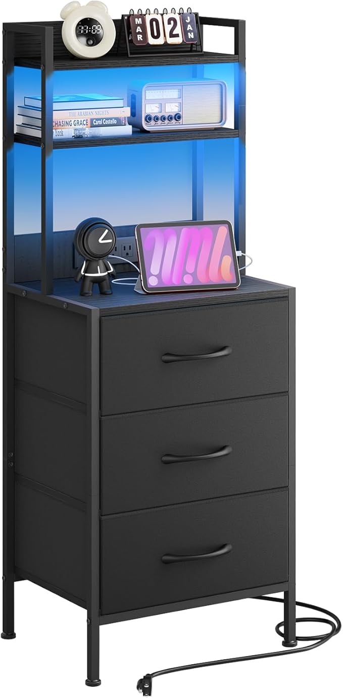 Fixwal 41 Inch Tall Nightstand with Charging Station, Led Night Stand with U-S-B Port & Socket, 3 PU Finished Fabric Storage Drawers, Office, Bedside Table & Bookshelf in One, Black