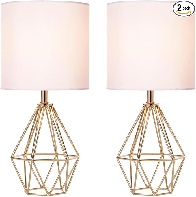 COTULIN Gold Small Table Lamp Set of 2, Modern Bedside Nightstand Lamps with Geometric Metal Base White Fabric Shade, Cute Desk Lamp for Living Room Bedroom