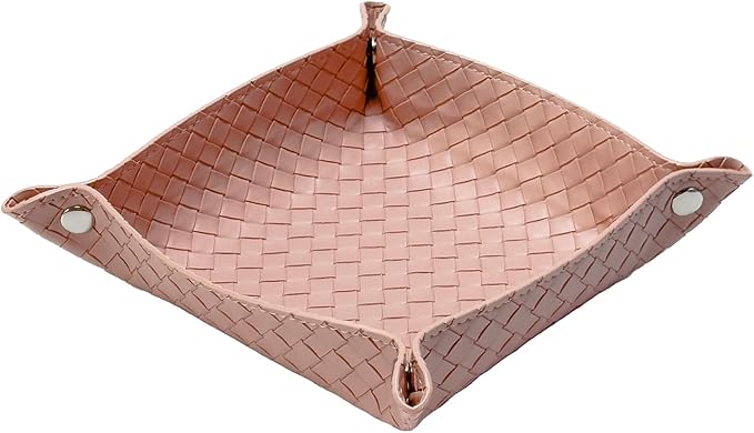 UnionBasic Small Valet Tray, Jewelry Tray for Rings Watches Earrings, Entryway Catchall Caddy for Coins Keys Change, Nightstand Bedside Valet Holder, Trays for Electronic Gadgets, Woven Pink