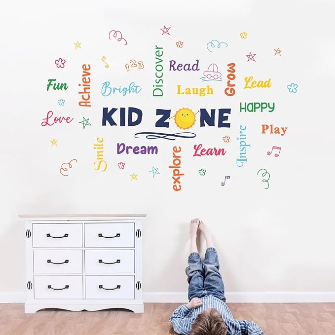 HLNIUC Colorful Inspirational Lettering Quote Wall Decal 35”x12” Kid Zone Positive Quote Wall Sticker Motivational Words Window Clings Minimalist Affirmations Room Decals for Classroom Kids Room Decor