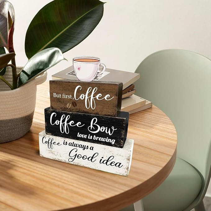 4 Pcs Wooden Coffee Table Decoration Rustic Tiered Tray Decor Retro Wood Block Sign Farmhouse Table Centerpiece for Home Kitchen Coffee Table Bookshelf Mantel Shelf Decor