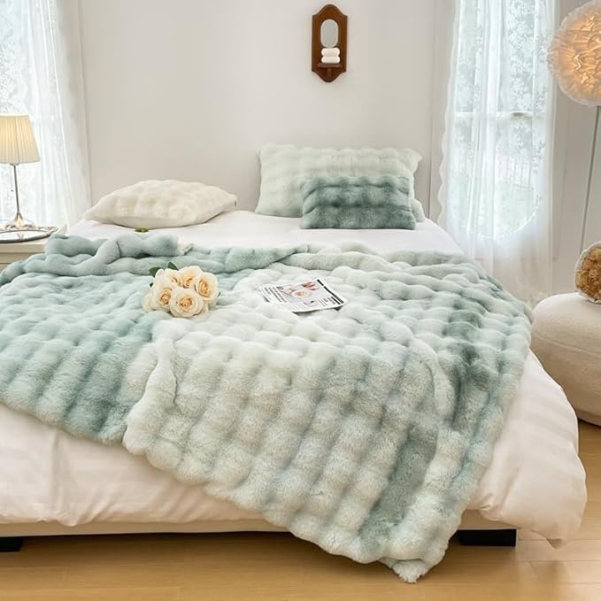 H&D Faux Fur Throw Blanket for Couch,Fluffy Cozy Soft Plush Luxury Thick Fuzzy Fleece Blanket for Couch Bed Sofa Bedroom Living Room,Comfy Bubble Blanket(Sage Green, Full (70"x80"))