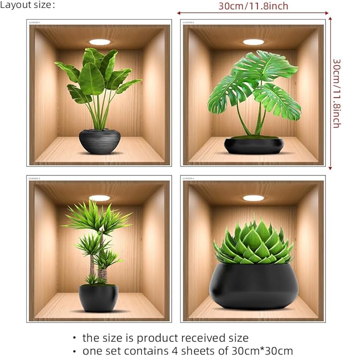4 Pack 3D Green Plants Wall Decals, 3D Green Pot Plant Succulent Wall Stickers for Sofa Background Bedroom Living Room Kitchen