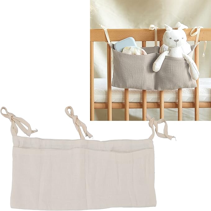 Diaper Caddy, Pure Cotton Cloth Baby Bedside Hanging Storage Bag Diaper Stacker Crib Organizer Hanging for Crib 2 Pockets Adjustable Strap Organizer for Baby Cribs and Toys (Beige)