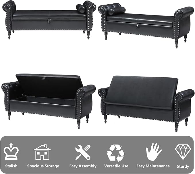 Aoowow Storage Bench for Bedroom End of Bed Rolled Armed PU Leather Ottoman Long Bench Seat Window Sitting Fireplace Toy Storage Bench, Black