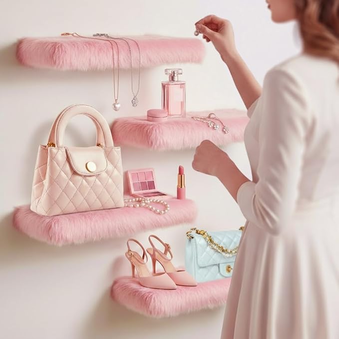 2 Pack Pink Floating Shelves for Wall, Wood Shelf with Fluffy Soft Pink Shag Cover,Wall Mounted Shelves for Bedroom, Living Room, Suitable for Storing Valuable Collectibles,Purses,Handbags,High Heels
