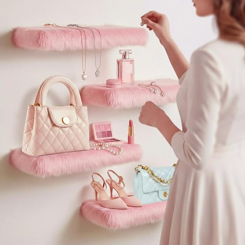 2 Pack Pink Floating Shelves for Wall, Wood Shelf with Fluffy Soft Pink Shag Cover,Wall Mounted Shelves for Bedroom, Living Room, Suitable for Storing Valuable Collectibles,Purses,Handbags,High Heels